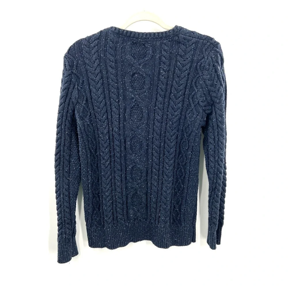LL Bean classic Navy Blue Sprinkle specked Chunky cable Knit Sweater‎ preppy L